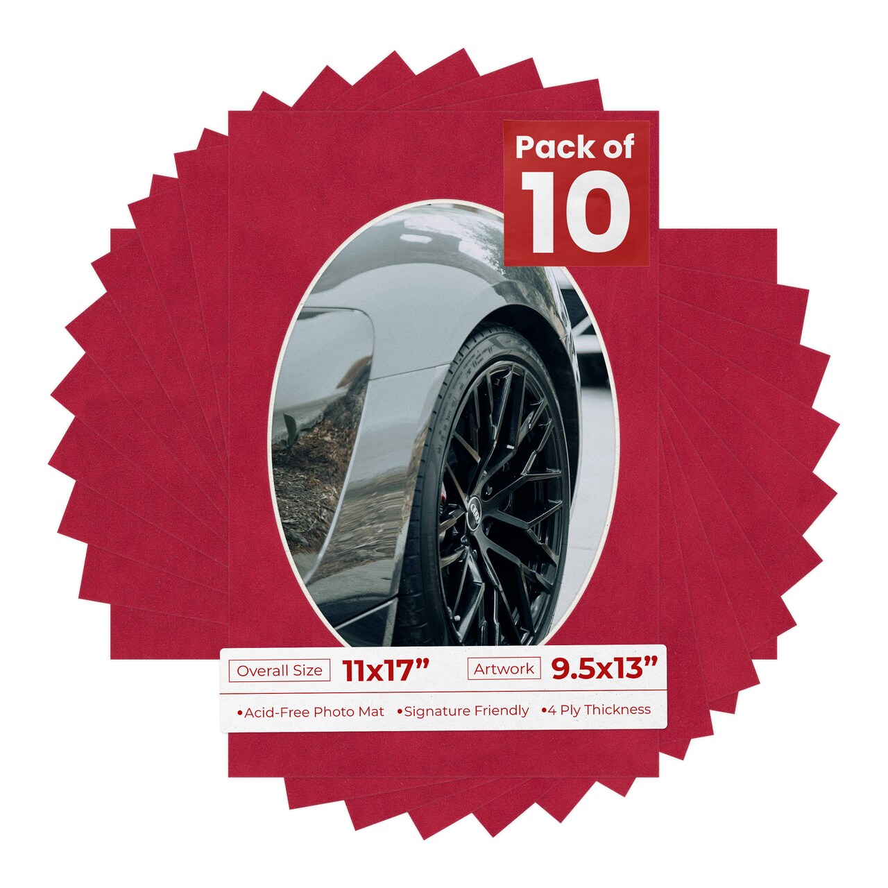 Red Suede Mat Board for 11x17 Frames - Oval Opening for 9.5x13 Photos